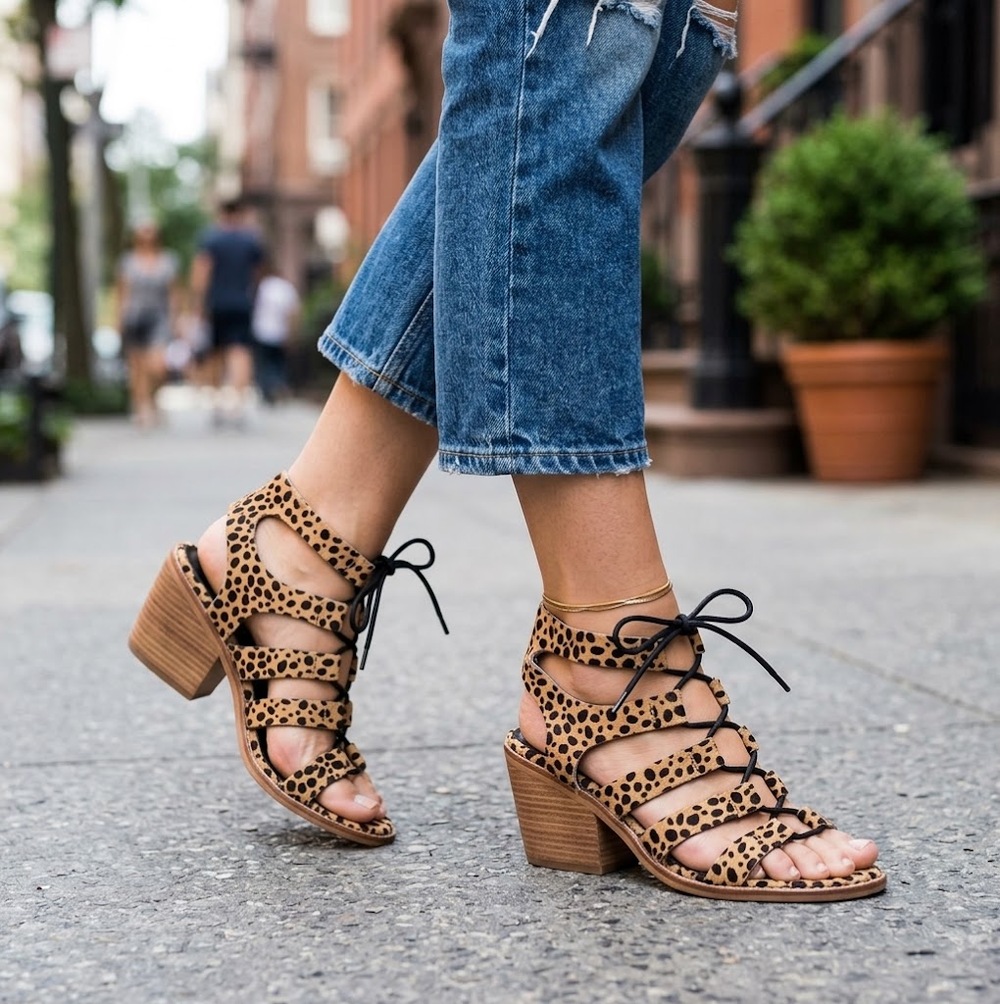 Sol Sana Leopard Print Calf Hair Lace Up Block Heel Sandals EU 39 US 8 EUC